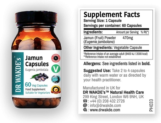 [PBSWAYT2OB7GYYA6] DR WAKDE'S Jamun Capsules (Indian BlackBerry, 60 Veg Caps, Plant-Based Supplement, Ayurvedic Herb, All Natural, Vegan)