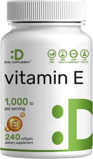 [BRSROYAROEFQG3YV] Vitamin E Supplements, 1,000 IU Per Serving, 240 Softgels – Extra Strength Antioxidant Protection – Bioavailable Stable Form – Skin, Heart, Brain, & Immune Support – Non-GMO