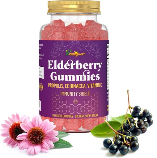 [BRSWYGI3DMNB4AAY] Elderberry Gummies with Vitamin C, Echinacea, Propolis - Immune Support Gummy for Kids, Adults - Sambucus Black Elderberry Extract Immunity Booster (90 Count)