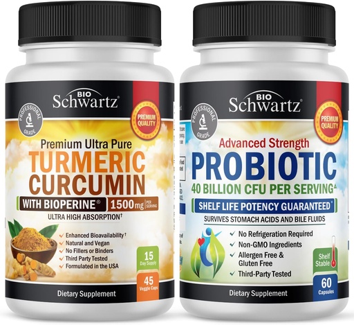 [BRSRAYADB4GQACDF] Turmeric Curcumin 1500mg 45 Count + Probiotic 40 Billion CFU 60 Count