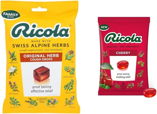 [BRSROAIQAF6GA3DV] Ricola Original Natural Herb Cough Suppressant Throat Drops, 45 Drops, Fights Coughs Naturally, Soothes Throats, Naturally Soothing Relief & Cherry Throat Drops, 45 Count