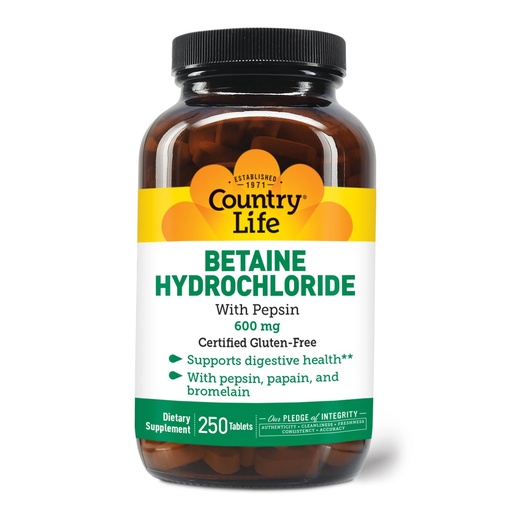 [BRSWIYQGDICBGDAZ] Country Life Betaine Hydrochloride with pepsin 600 mg - 250 Tablets