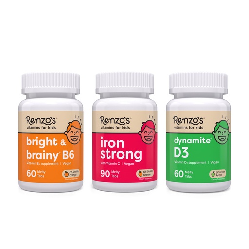 [BRSRMBAQOB5WOFAZ] Renzo's Vitamins Mighty Kid Bundle - Iron Supplements for Kids, Vitamin D3 for Kids, and Bright & Brainy Vitamin B6