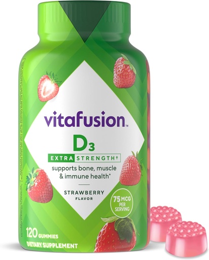 [BRSWIHIODINBQHLI] vitafusion Extra Strength Vitamin D3 Gummy, Strawberry Flavored Bone and Immune System Support (1) 120 Count