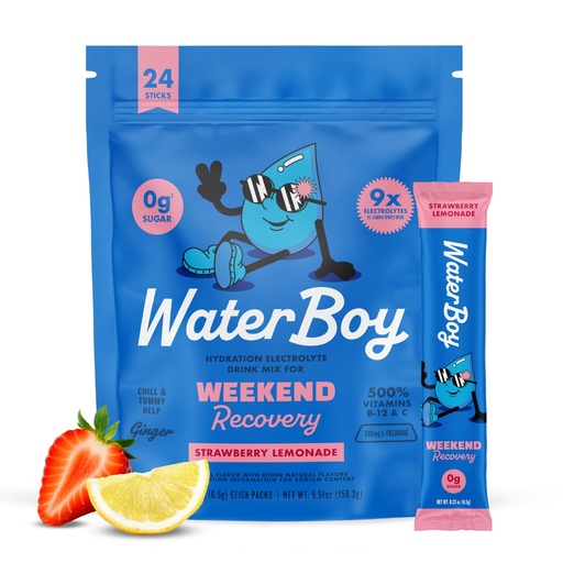 [BRSRMYD7CVYGGETV] Waterboy Weekend Recovery | 3,200mg Electrolyte Powder Packets | Ginger + L-Theanine + Vitamins | No Sugar, All Natural, Gluten Free | 24 Drink Stick Mixes (Strawberry Lemonade)