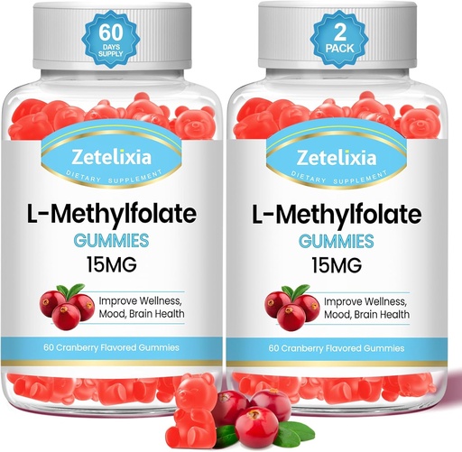 [BRSRAY36BAIBAC3D] 2 Pack L-Methylfolate 15mg & Methyl B12 Gummies, Folate Supplement for Brain Health, Mood & Immunity, DNA Synthesis & Repair, Sugar Free, Vegan, Cranberry Flavor, 120 Count