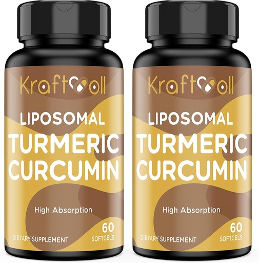 [BRSRAZL2PN7RA3TO] Liposomal Turmeric Curcumin 2200 mg with Black Pepper for Enhanced Absorption and Joint Support, 60 softgels (2 Bottles)