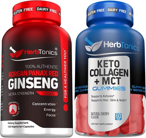 [BRSROA33DENBEETB] Korean Red Panax Ginseng 1500mg - High Potency Ginseng for Energy, Performance & Immune Support for Men & Women - Keto Gummies with MCT + Collagen | Sugar Free | Anti Aging, Hair Growth & Strong Nails