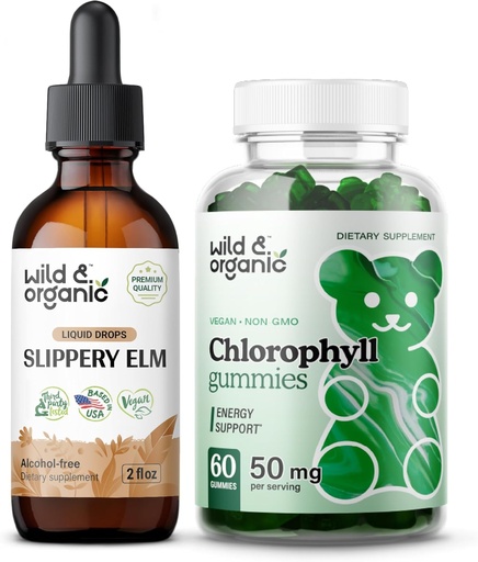 [BRSRAFL3AUDWEHTP] 야생 & 유기 Slippery Elm Tincture 2 fl oz & Chlorophyll Gummies 60 Chews