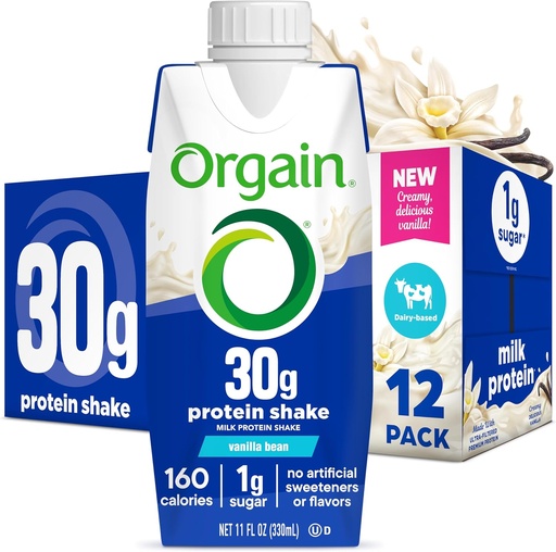 [BRSRAFQ5DN6AM2A2] Orgain 30g High Protein Shake, Dairy Isolate Milk Protein, Vanilla Bean, 5g BCAAs, 1g Sugar Por Serving, Meal Replacement, Listo para beber, Keto Friendly, Gluten-Free 11 Fl Oz (Pack of 12)