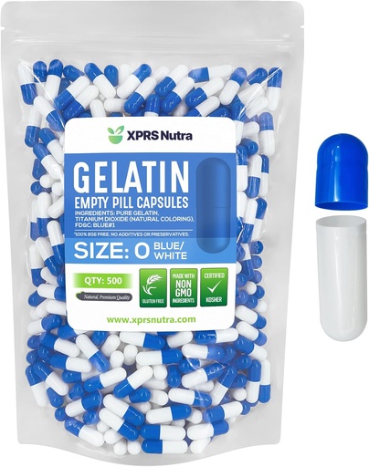 [BRSWYYY7CUDWAET3] XPRS Nutra Size 0 Empty Capsules - 500 Count Empty Gelatin Capsules - Pills DIY Capsule Filling - Pure Bovine Pill Gel Caps for Do-It-Yourself Supplements (Blue/White)