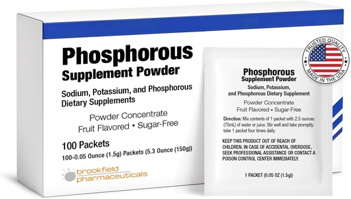 [BRSROZA7AR6AA3D5] Phosphorus Supplements 100 Packets, Dietary Supplements Powder with Sodium Phosphate and Potassium Phosphate, Fruit Flavored Phosphorous Supplement Powder for Electrolyte, Bone Health & Kidney Health
