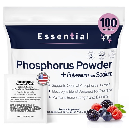 [BRSROZA7AR6AA3D5] Phosphorus Supplements 100 Packets, Dietary Supplements Powder with Sodium Phosphate and Potassium Phosphate, Fruit Flavored Phosphorous Supplement Powder for Electrolyte, Bone Health & Kidney Health