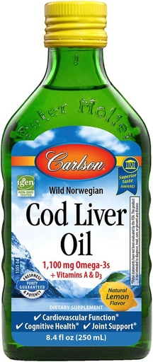 [BRSWIYILOAMWACLI] Carlson - Cod Liver Oil, 1100 mg Omega-3s, Liquid Fish Oil Supplement, Wild-Caught Norveç Arctic, Sustainable Sourced Nordic Liquid, Lemon, 250 ml