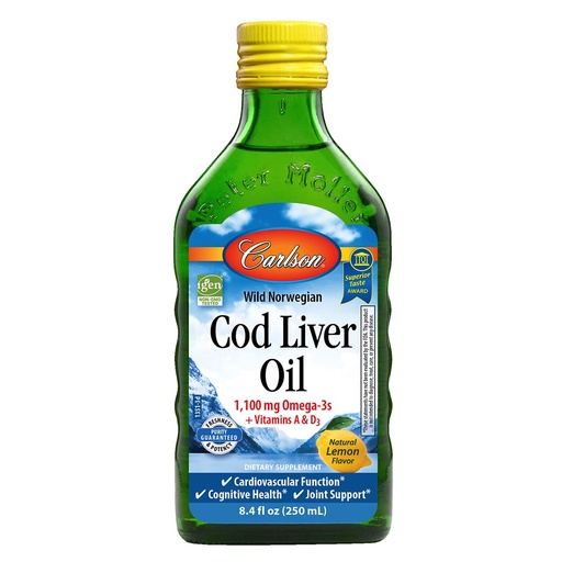 [BRSWIYILOAMWACLI] Carlson - Cod Liver Oil, 1100 mg Omega-3s, Liquid Fish Oil Supplement, Wild-Caught Norwegian Arctic, Sustainably Sourced Nordic Liquid, Lemon, 250 ml