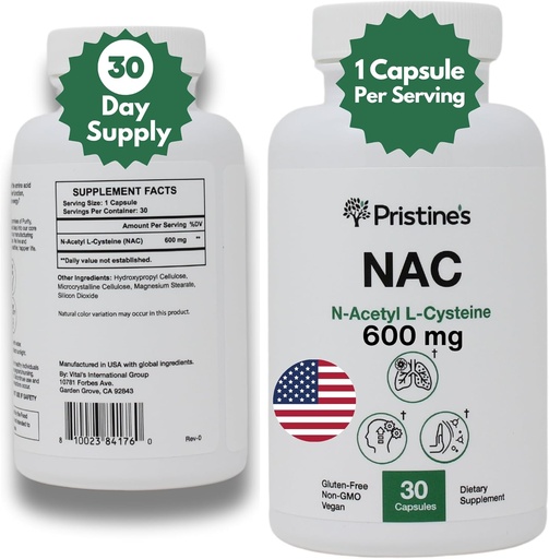 [BRSROBT7BEPRYDT4] PRISTINE'S N-Acetyl L-Cysteine (NAC) 600MG 30-Day Supply Potent Lung & Liver Immunity Antioxidant Supplement Capsules - Mood & Mental Health Support