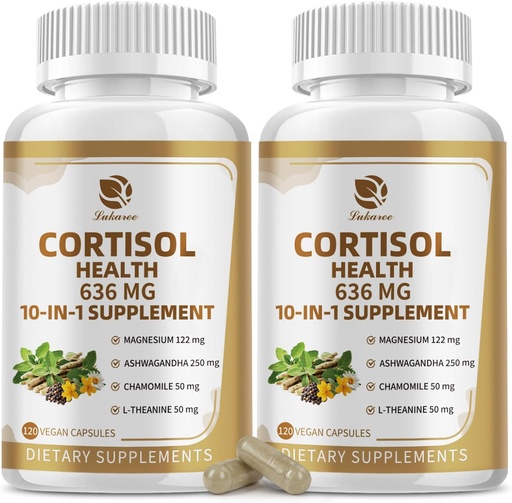 [BRSRAAQCCEPAK3TX] 10-IN-1 Cortisol Ergänzungen mit Magnesium, Ashwagandha, Kamille, L-Theanin, Phosphatidylserin, Johanniskraut, Astragalus, Vitamin C & D3, für Frauen, 240 Vegan Kapseln für 4 Monate, Non-GMO