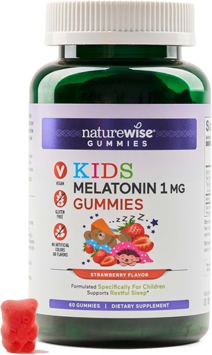 [BRSROAADCJYRGDTF] Naturewise Kids Melatonin Gummies 1 mg - Drug-Free, Non-Habit Forming Sleep Aid for Children Ages 4 & Up - Strawberry Flavored Gummy Bears - Vegan, Gluten Free, Non-GMO - 60 Count[2-Month Supply]