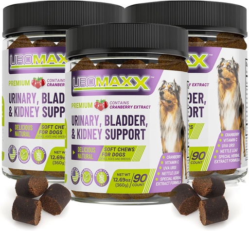 [BRSW2GANC4IAEC3B] Tratamento de Infecção do Trato Urinário do Cão, Bexiga e Suporte Rim para Cães, Cuidados Poderosos de Animais de estimação, Mastigação Macio Natural com Cranberry & Glucosamina, Made in the USA, Chicken Flavor, 90 Count, 3 Pack