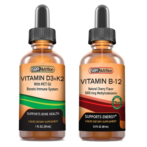[BRSW2BAKCAPG23T2] SBR Nutrition D3+K2 and B12 Bundle Vitamin D3K2 (MK7) Liquid Drops, Peppermint 1oz | Vitamin B-12 3000mcg Liquid Drops, 2oz | for Adults & Kids | Non-GMO, Gluten Free