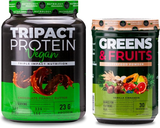 [BRSRAZD5PIJRSDTG] Nutrology Greens & Fruits Powder-Naturally Sourced Superfood, Vanilla Cinnamon (30 Servings) TRIPACT Vegan Protein Powder, Chocolate Peanut Butter (20 Servings)