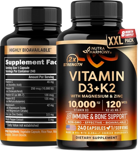 Vitamina D3 K2 - Vitamina D3 10000 iu & K2 como MK-7 120 mcg - Immune & Mood Support, para a saúde dos ossos e dentes - com magnésio, zinco e vitamina C & B12 - Altamente Biodisponível - Made in USA, 240 Cápsulas