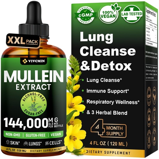 [BRSRA237OUPBUET7] vivcmin Mullein Drops for Lungs, 120 Servings, Respiratory & Immune Support, Lung Detox for Smokers Tincture, Mullein Leaf Extract for Lung Cleanse, 4 fl oz