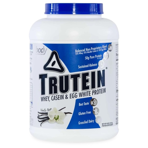 [BRSWIZQ2B4CR6GTU] Body Nutrition Trutein High Protein Powder: 45% Whey, 45% Casein, 10% Egg White Protein Shake Mix, Gluten-Free, Low Sodium, Low Carb Protein Supplement Powder for Men & Women, Vanilla Bean, 4lb