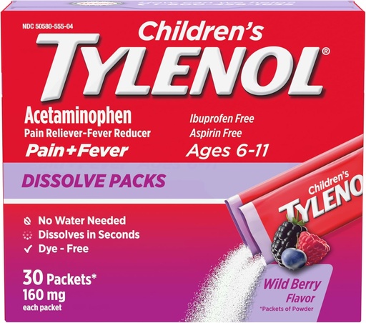 [BRSWGBQYBYBAM2QZ] Детские упаковки для растворения Tylenol для обезболивания, лекарства от лихорадки, 160 мг ацетаминофена, без красителя, детские порошковые пакеты для облегчения симптомов простуды и гриппа; Wild Berry Flavor, 30ct.; Пакет 1