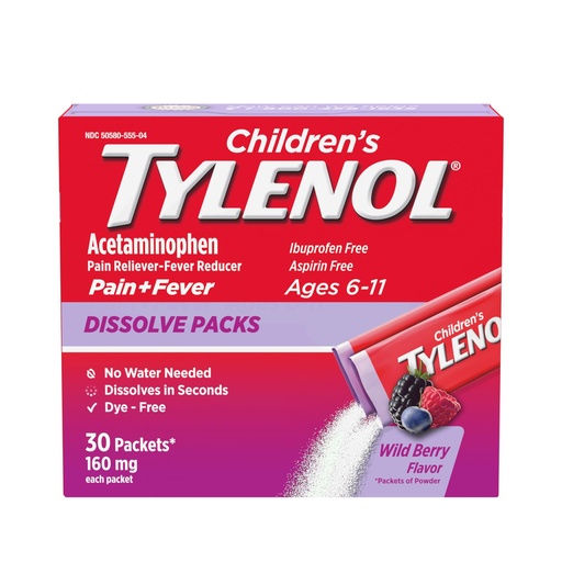 [BRSWGBQYBYBAM2QZ] Children's Tylenol Dissolve Packs for Pain Relief, Fever Medication, 160 mg Acetaminophen, Dye Free, Kids' Powder Packets for Cold & Flu Symptom Relief; Wild Berry Flavor, 30 ct.; Pack of 1