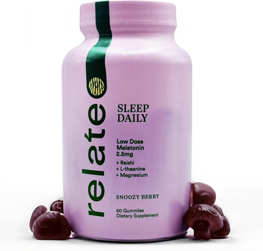 [BRSROCDYDN7BYET6] Relate Sleep Daily Gummies - Mushroom-Infused Sleep Support with Low-Dose Melatonin, Magnesium, L-Theanine, Lion's Mane, Reishi, Cordyceps, and Turkey Tail Mushrooms - Vegan, Made in USA - 60 Count