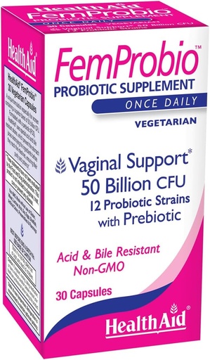 [BRSWIFYGCB4AOYA3] HealthAid FemProbio – Once-Daily Probiotic with Prebiotic Fiber | 50 Billion CFU | 30 Vegetarian Capsules | Acid & Bile Resistant, Lactose, Gluten & GMO-Free