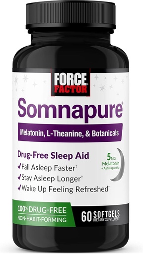 [BRSW2CYCCQFQYELL] FORCE FACTOR Somnapure Softgels Sleep Aid to Fall Asleep Faster, Stay Asleep Longer, Wake Up Refreshed, Sleep Aid for Adults with Melatonin, Ashwagandha, Valerian Root, and Lemon Balm, 60 Softgels