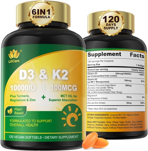 [BRSRAGA7C4CWYDL5] Vitamin D3 10000 IU Plus K2 (MK-7) 100mcg, Vegan Vitamin D3 K2 mit Kurkuma, Magnesium & Zink für Kalziumabsorption, Knochen & Immungesundheit, Kokosöl für hohe Absorption, leicht zu schlucken, 120 Cts