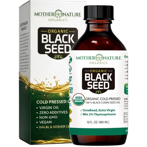 [BRSWGYI3B4PQ23D3] Mother Nature USDA Organic Black Seed Oil – Cold Pressed, Unrefined & Vegan Nigella Sativa, High Thymoquinone (2%+), Omega 3 6 9 for Immune, Joint & Heart Support, Hair & Skin, Non-GMO, 16oz