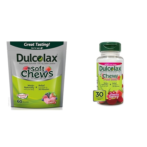 [BRSROBQEBMBQK232] Dulcolax Soft Chews Saline Laxative Mixed Berry (60ct) Gentle Constipation Relief & Chewy Fruit Bites, Saline Laxative, Cherry Berry (30ct) Cramp-Free Constipation Relief