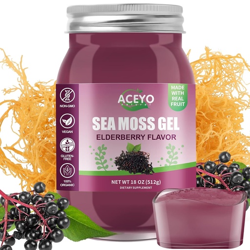 [BRSRMCA7BZ7B42A6] ACEYO (18 OZ) Irish Elderberry Sea Moss Gel Organic Raw Vegan Flavor 102 Vitamins and Minerals Wild Harvested Non-GMO Immune Defense Booster Thyroid Digestive Support