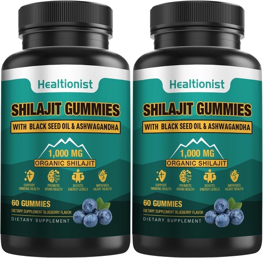 [BRSROBQBOICQ4CLD] 2 Packs 1000 MG Shilajit Supplement Gummies with 85+ Trace Minerals, Fulvic Acid, Pure Organic Shilajit Himalayan Gummy for Men & Women, Energy, Brain, Immunity Suport - 120 Counts