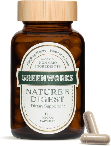 [BRSROZYHORYBGDQV] Greenworks Nature's Digest Probiotics with Organic Digestive Enzymes, Prebiotics & Fiber - 10 Billion CFU, 3 Strains - Gut Health Supplement, 60 Capsules