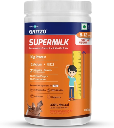 [BRSROAD7OQIBEYIY] ATS Supermilk Height+ for 8-12Y Boys,Personalized Health Drink for Kids,High Protein (10 G) with Calcium + D3,21 Vitamins&Minerals,Zero Refined Sugar,100% Natural Double Chocolate,400 G,Powder