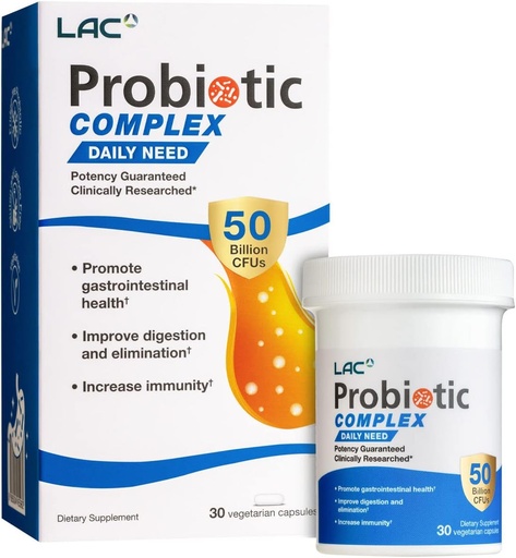 [BRSROYL2CIMQGETL] LAC Probiotic Complex 50 Billion CFUs | Digestive Supplement | Active probiotics to Restore intestinal Bacterial Balance, IBS Support (30 Vegetarian Capsules)