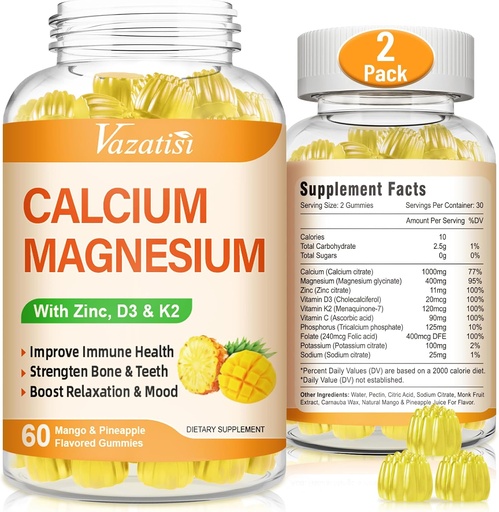 [BRSRAYA6O4IQEGTL] Kalsium Magnesium Sinkki Gummies D3- ja K2-vitamiinilla, suuri imeytyminen Magnesium Glycinate Kalium immuuni- ja rauhoittava mieliala, vegaaninen mango ja ananas maku 120 Gummia