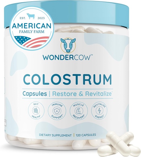 [BRSRAGANCUFAIGTK] WONDERCOW Colostrum Capsules Supplement for Gut Health, Immune Support, Muscle Recovery & Wellness | Natural IgG Pure Whole Bovine Colostrum Superfood, Unflavored, 30 Servings
