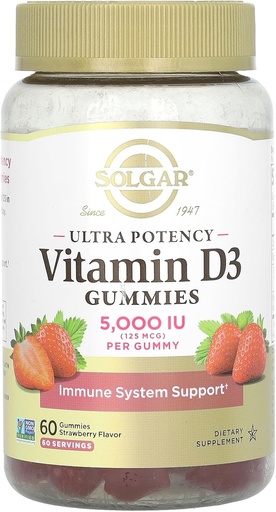 [BRSROGQTPIPQGA34] Solgar Vitamine D3 Gummies voor volwassenen 5.000IU Ultra Potency Vitamine Immuun Systeem Ondersteuning voor vrouwen en mannen - smakelijke aardbeien smaak, Gluten & Gelatine Vrij Gummy, 2 maand levering, 60 porties, 2g suiker