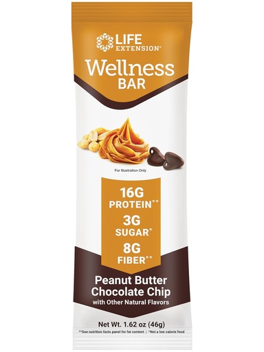 [BRSROGINPJ6WK2TD] Life Extension Wellness Bar (Peanut Butter Chocolate Chip) – 16 g of Protein, 8 g of Fiber, 3 g of Sugar – Cacao Chocolate Chips, Whey Protein Isolate Blend – Snack Bars, Gluten-Free – Individually
