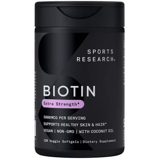 [BRSWIGYGDEPBO23A] Sports Research® Biotin 5,000mcg with Organic Coconut Oil - Biotin (Vitamin B7) for Healthy Skin and Hair Support* - for Women and Men - Vegan, Non-GMO, Gluten & Soy-Free - 120 Veggie Softgels