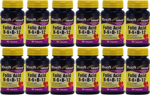 [BRSWIAQZBIEACGTG] Mason Vitamīni Folijskābe B-6 & B12 Sirds veselība Formula 90 tabletes katrā pudelē 12 kopā 1080 tabletes