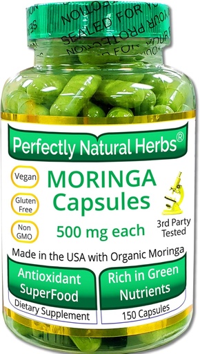 [BRSWIZQNBFYACAI7] 150 Moringa Capsules Made With USDA Certified Organic Moringa Leaf Powder, Net Weight of 500mg per Capsule