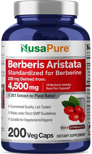 [BRSWGGQ7BV5R62T6] NusaPure Berberine HCI 20:1 Extract, 225 mg Equivalent to 4,500mg - 200 Veggie Caps - (Vegetarian, Non-GMO, Vegan)