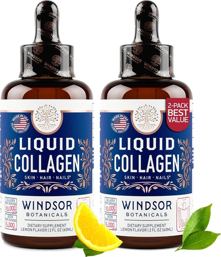[BRSW2EATCVYBOETU] WINDSOR BOTANICALS Liquid Collagen for Women and Men - Hair, Skin, Nails Vitamins - Lemon Flavor Collagen Peptides Hair Growth Drink - 5,000mcg Biotin, 10,000mcg - US Made - 2x2oz